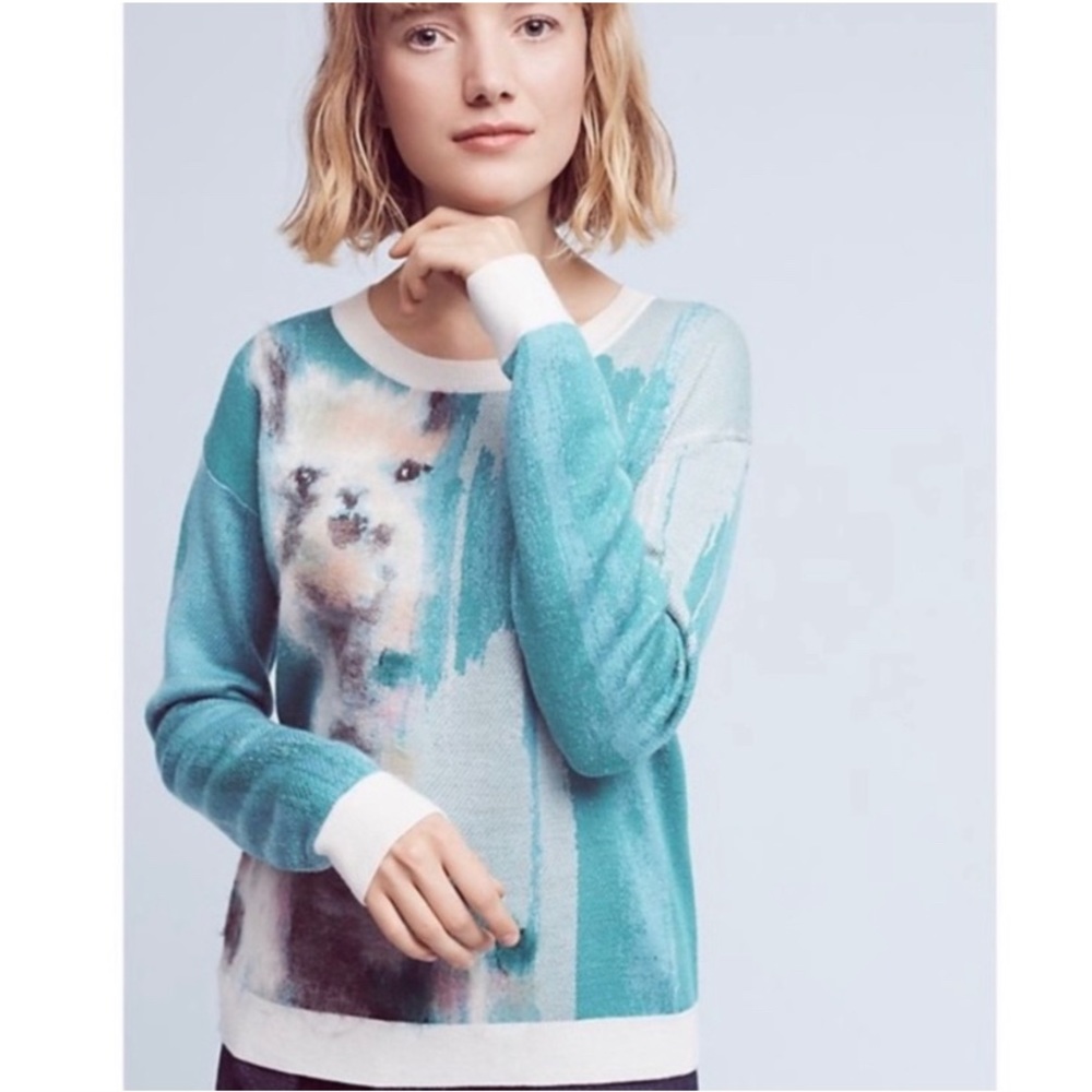 Anthropologie Artwork Lauren C Walcott Wool Blend Mixed Media Lama Sweater - Picture 1 of 11